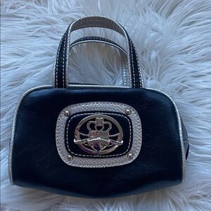 Kathy Van Zeeland Early 2000s Black Faux Leather & Silver Mini Purse Clutch